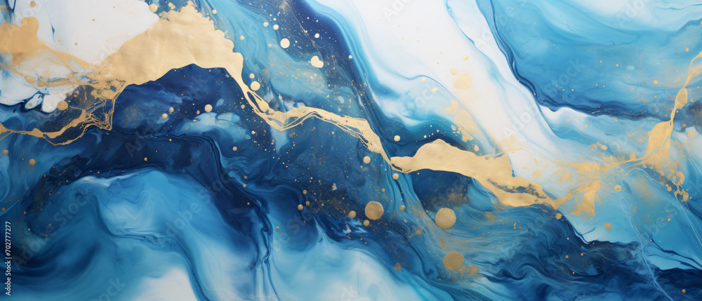Abstract blue marble texture with gold splashes