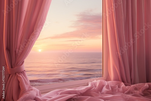  a window with a view of the ocean and a pink blanket on a bed in front of a window with a view of the ocean.
