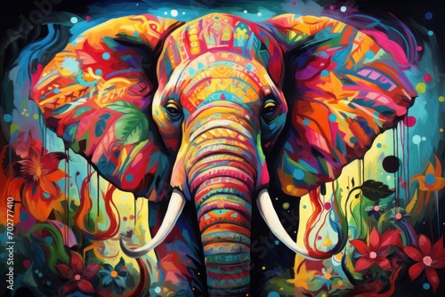  a painting of a colorful elephant with tusks and tusks on it's face and tusks on its tusks.