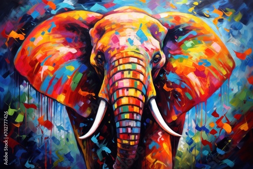  a painting of an elephant with colorful paint splatters on it's face and tusks on its tusks. © Shanti