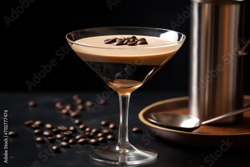  a glass filled with a drink next to a spoon and a cup filled with coffee beans on a black table.