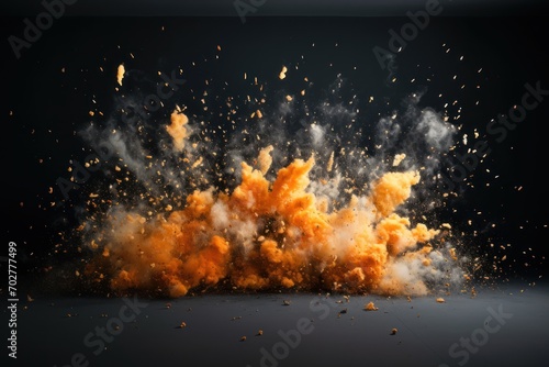  a large explosion of orange and white powder on a black background with room for text or image to be removed. photo