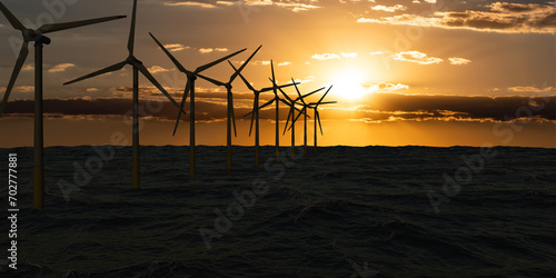 Offshore power generation, wind turnines in the sea. Silhouette of wind turbines. Sky with clouds during sunset. Renewable and sustainable energy, climate change, technology. 3D illustration