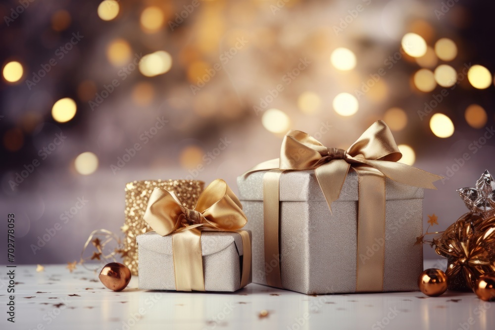 a group of presents sitting on top of a table next to a christmas ornament and baubles. a group of presents sitting on top of a table next to a christmas ornament and baubles.