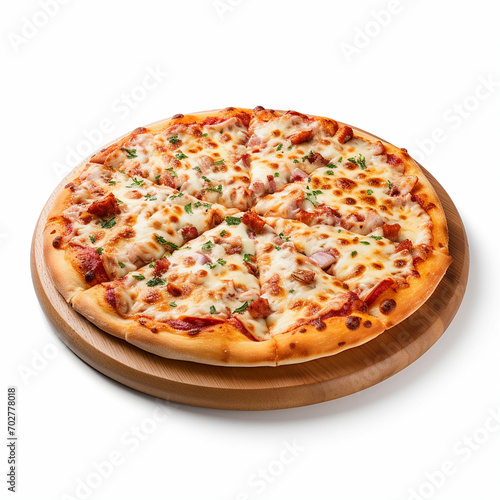 Spicy delicious pizza on wooden table on empty white background