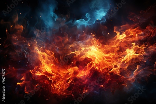  a dark background with a lot of orange and blue fire and smoke coming out of the center of the image.