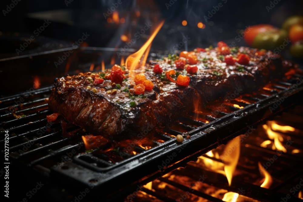 a close up of a steak on a grill with a lot of flames and tomatoes on the side of it. a close up of a steak on a grill with a lot of flames and tomatoes on the side of it.