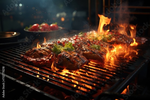  a close up of a grill with hot dogs and hotdogs cooking on it's side and a plate of food on the other side.