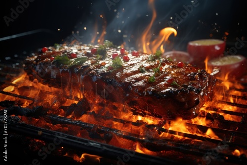  a close up of a steak on a grill with flames and a cup of tea on the side of the grill.