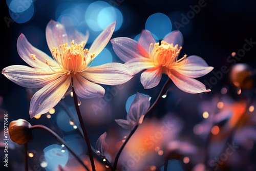  a close up of a bunch of flowers with blurry lights in the background and a blue sky in the background. © Shanti