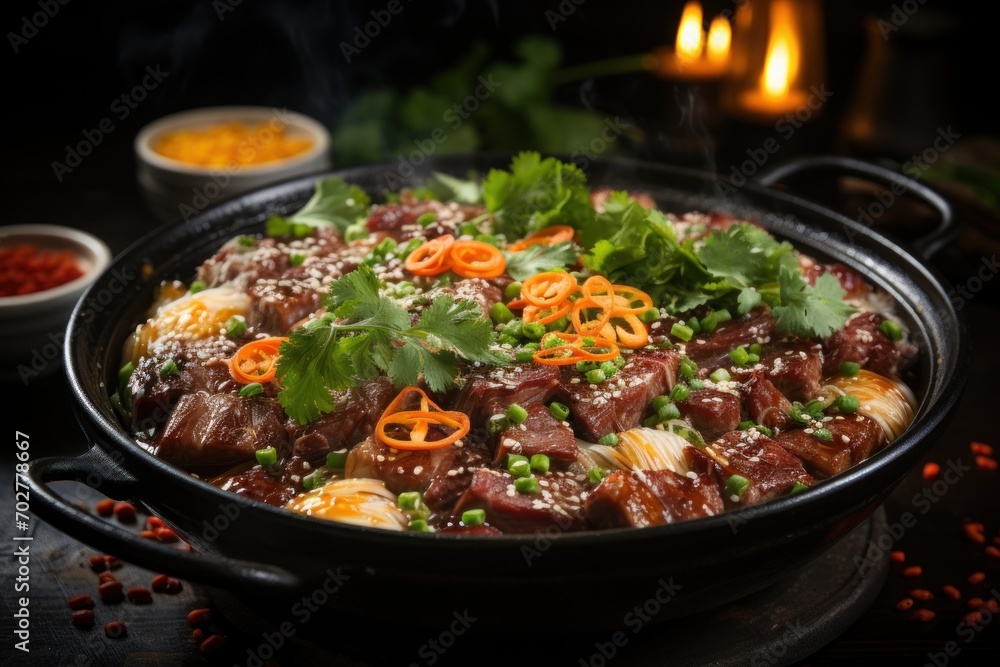  a close up of a pan of food with meat and veggies on a table with a candle in the background.