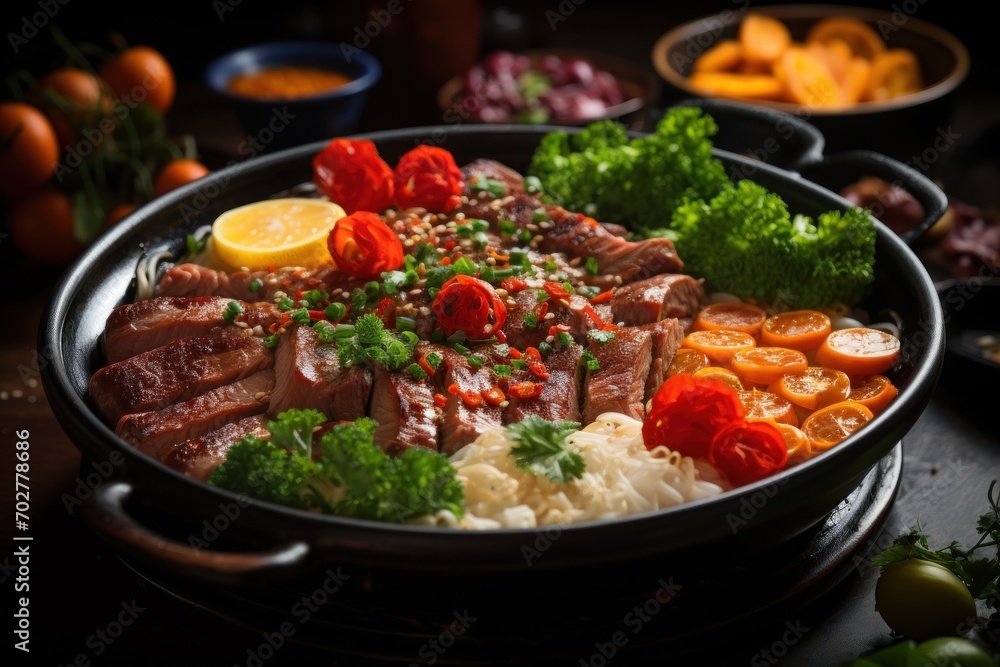 a close up of a pan of food with broccoli, tomatoes, carrots, and other foods. a close up of a pan of food with broccoli, tomatoes, carrots, and other foods.