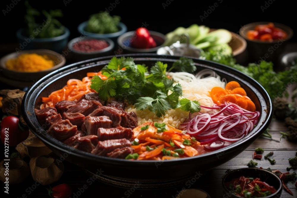 a bowl filled with meat and veggies on top of a wooden table next to bowls of sauces and seasonings. a bowl filled with meat and veggies on top of a wooden table next to bowls of sauces and seasonings.