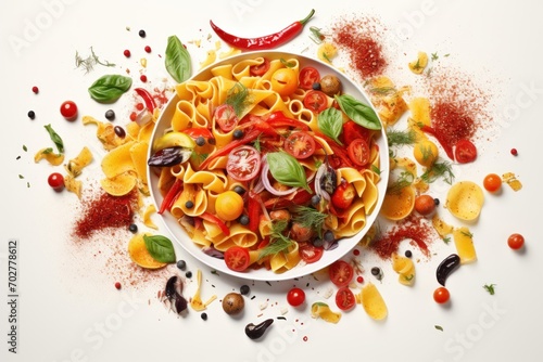  a bowl of pasta with tomatoes, peppers, and basil sprinkled with seasoning on a white background.