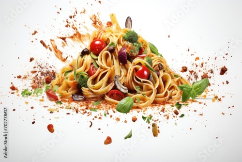  a pile of uncooked pasta with tomatoes, broccoli, olives, and other toppings.