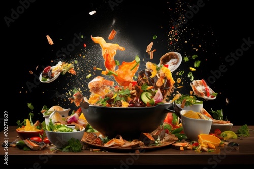  a black bowl filled with lots of different types of food and sprinkles on top of a wooden table.