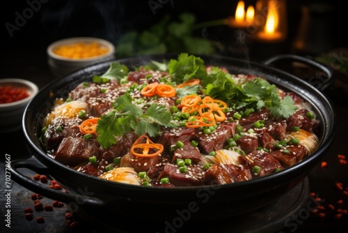  a close up of a pan of food with meat and veggies on a table with a candle in the background.