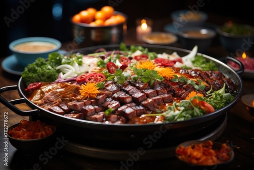  a large platter of meat and vegetables on a table next to a bowl of oranges and a candle.
