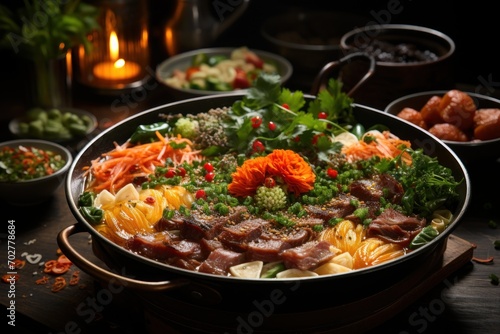  a pan filled with meat and veggies on top of a wooden table next to other dishes of food.