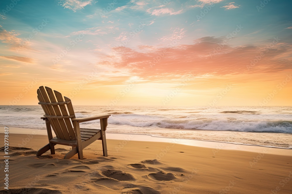 A solitary beach chair facing the ocean at sunrise, inviting relaxation and contemplation A solitary beach chair facing the ocean at sunrise, inviting relaxation and contemplation