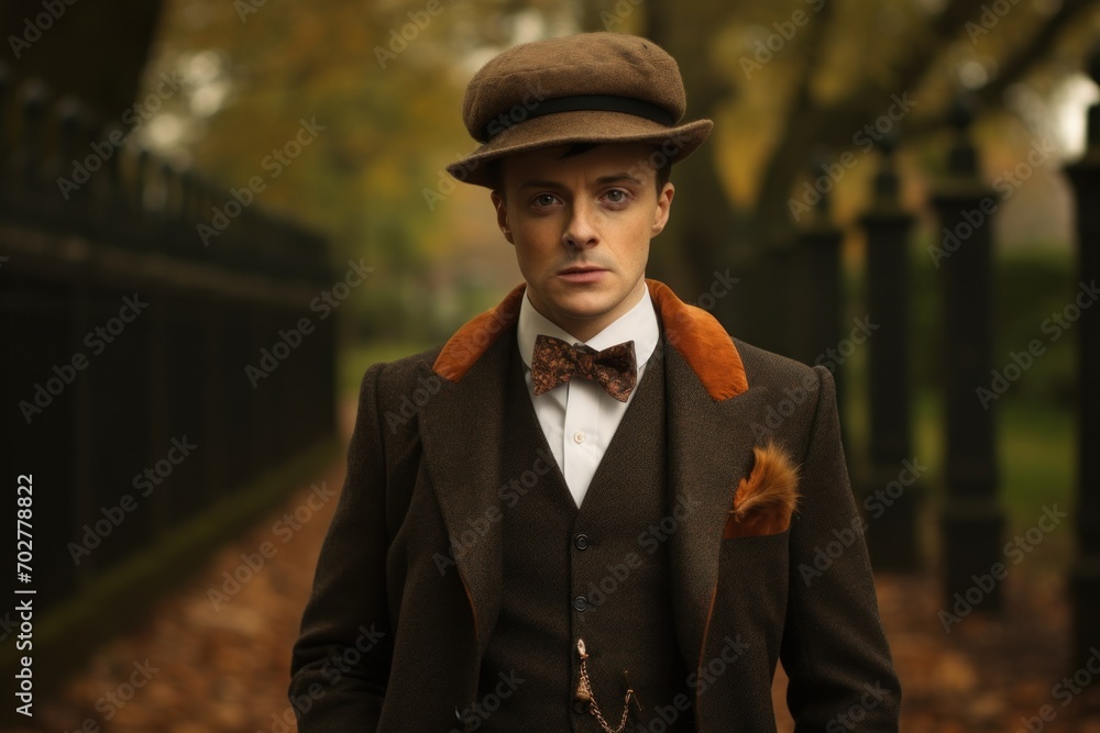 a man wearing a brown jacket and a brown hat and a brown bow tie and a brown jacket and a white shirt. a man wearing a brown jacket and a brown hat and a brown bow tie and a brown jacket and a white shirt.
