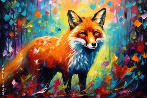  a painting of a red fox standing in a forest with colorful leaves on it's sides and a blue sky in the background.