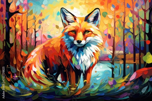  a painting of a red fox standing in a forest with colorful leaves on it's trees and a body of water in the foreground.