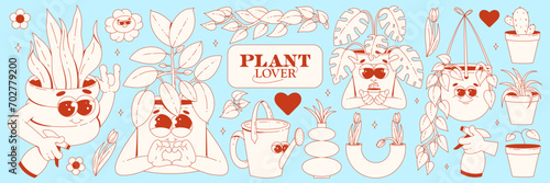 A set of stickers with house plants and flowers. Trendy cartoon retro groovy character style. Monstera, ficus, cactus, tulip, watering can. Monochrome palette