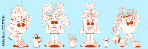 A set of house plant characters in trendy retro groovy cartoon style. Cool potted flowers in sneakers. 60s 70s vibes. Monochrome palette.
