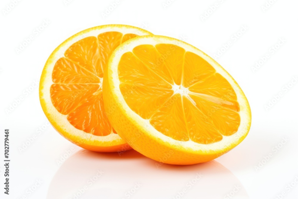 a couple of oranges cut in half on a white surface with one cut in half and the other cut in half. a couple of oranges cut in half on a white surface with one cut in half and the other cut in half.