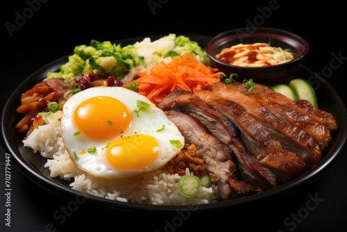  a close up of a plate of food with meat, rice, vegetables and an egg on top of it.