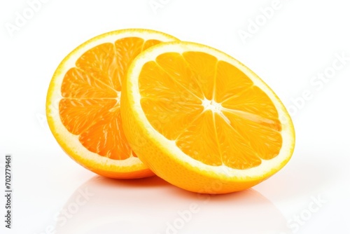  a couple of oranges cut in half on a white surface with one cut in half and the other cut in half.