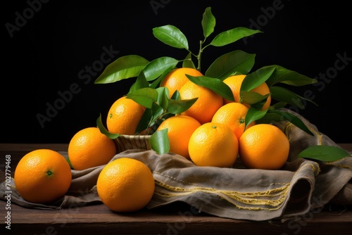  a pile of oranges sitting on top of a table next to a basket of oranges on top of a table.