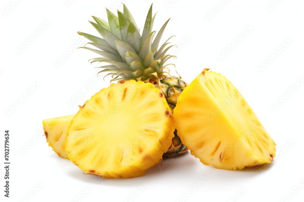 a pineapple cut in half sitting next to a piece of pineapple on a white background with a bite taken out of it. a pineapple cut in half sitting next to a piece of pineapple on a white background with a bite taken out of it.