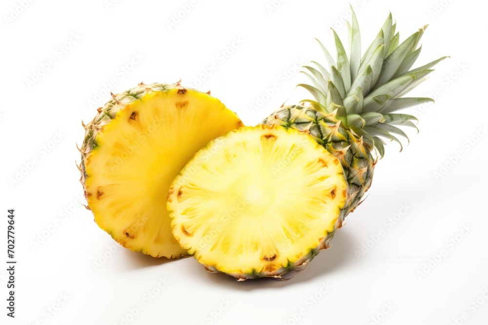 a pineapple cut in half and a pineapple cut in half on a white background with a bite taken out of it. a pineapple cut in half and a pineapple cut in half on a white background with a bite taken out of it.
