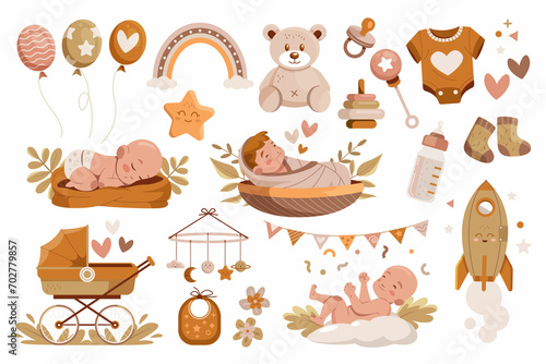 Hand drawn flat baby shower elements collection with babys and toys