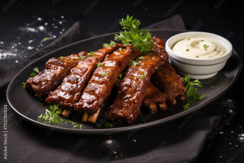 a plate of ribs and a small bowl of ranch dressing on a black tablecloth with a black table cloth.