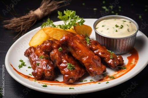  a white plate topped with wings covered in sauce and potato wedges next to a small bowl of ranch dressing.