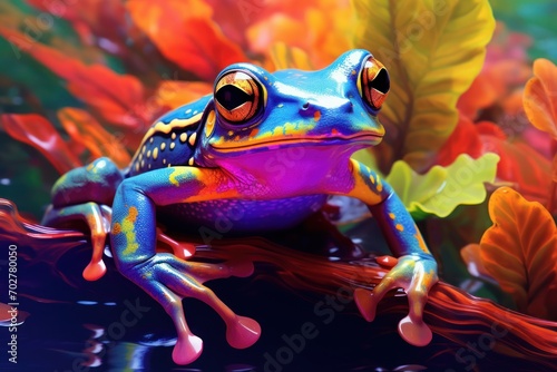  a colorful frog sitting on top of a tree branch in front of a colorful background of leaves and a body of water.