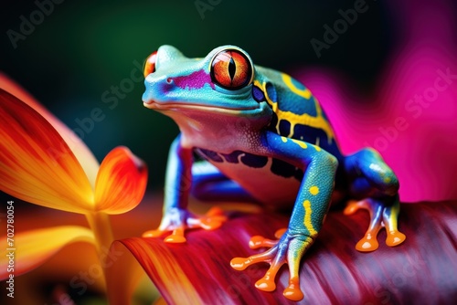  a blue and yellow frog sitting on top of a red - eyed tree frog on a leaf with a flower in the background. © Shanti