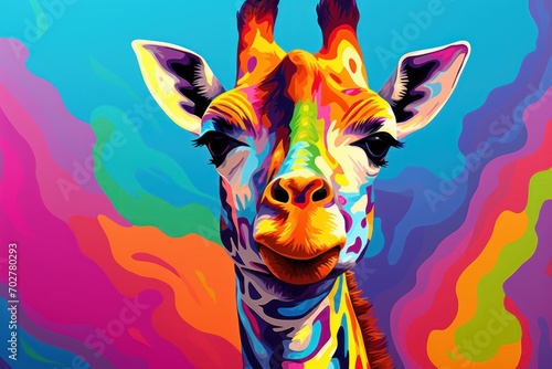  a close up of a giraffe s face with a multicolored background and a blue sky in the background.