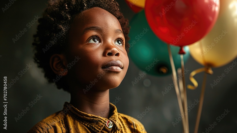 cute african boy with red, green and yellow balloons on black background. Panafrican color. Black history month - obrazy, fototapety, plakaty 