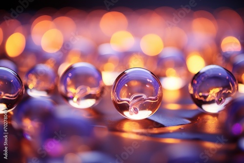  a group of glass balls sitting on top of a table next to a wall of other glass balls on top of a table.