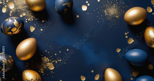 overhead view of golden easter eggs with copy space background