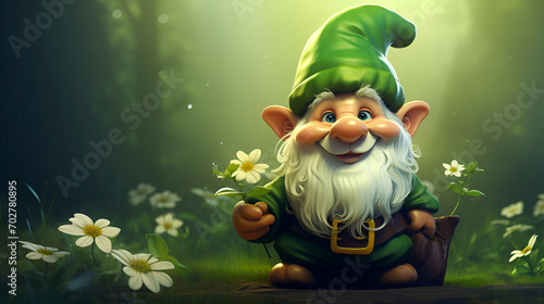cute gnome with flowers background, copy spcae text free. St. Patrick's Day. Generated by Ai