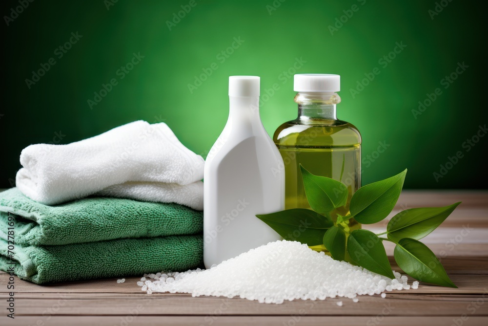 a bottle of aloem next to a bottle of aloem next to a pile of towels and a bottle of aloem. a bottle of aloem next to a bottle of aloem next to a pile of towels and a bottle of aloem.