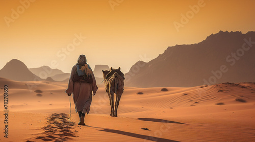 man on the journey with camel in the desert