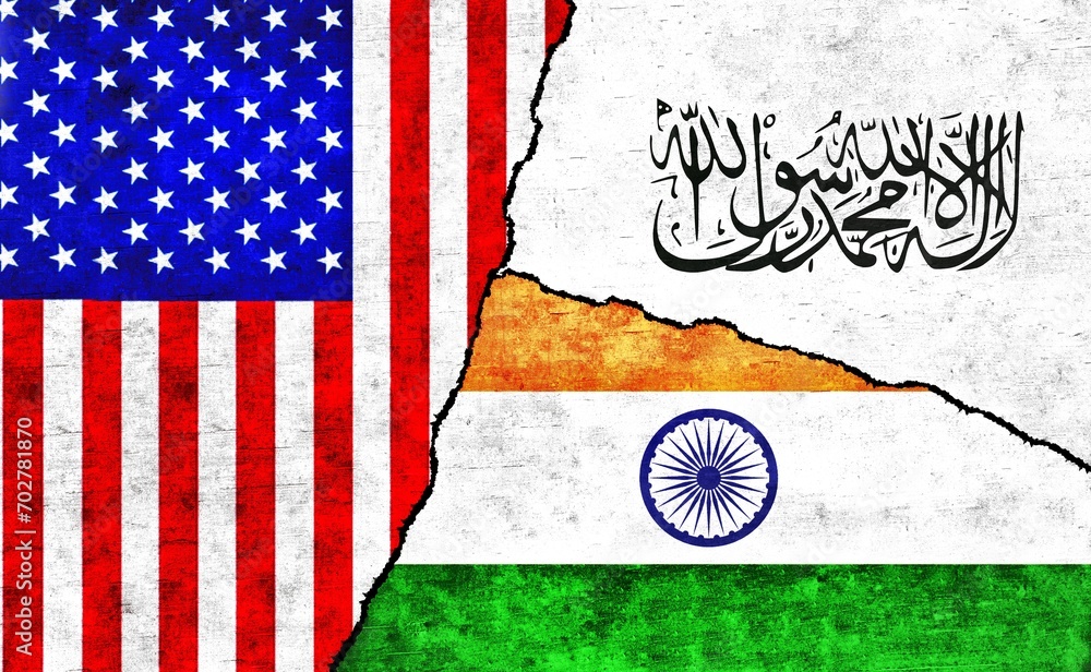 USA, India and Taliban painted flags on a wall with a crack. United