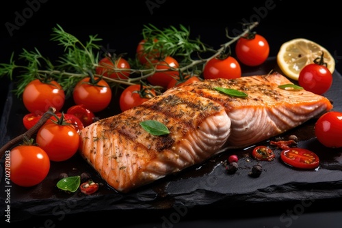  a close up of a piece of salmon on a plate with cherry tomatoes and lemon wedges on the side.