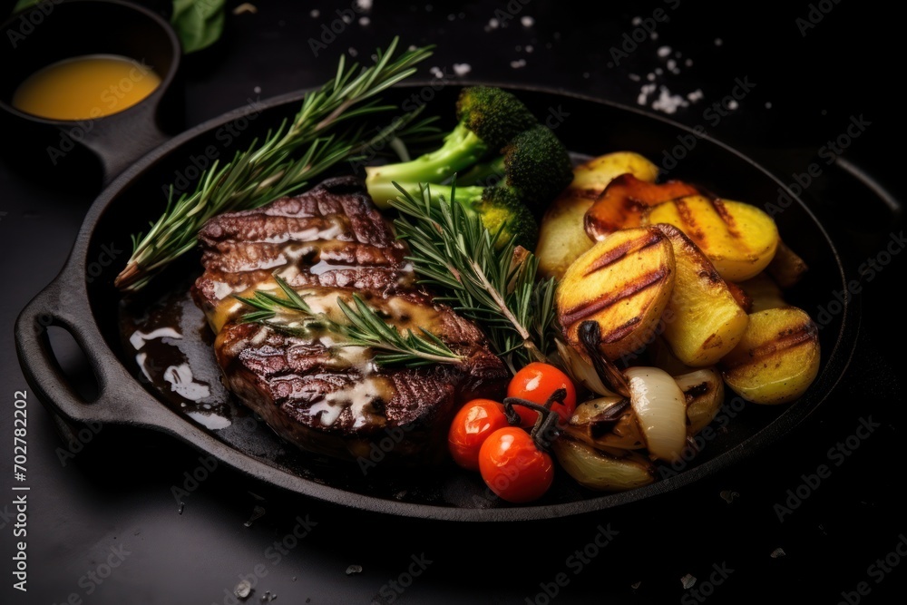 a skillet with steak, potatoes, tomatoes and broccoli on a table with a glass of orange juice. a skillet with steak, potatoes, tomatoes and broccoli on a table with a glass of orange juice.